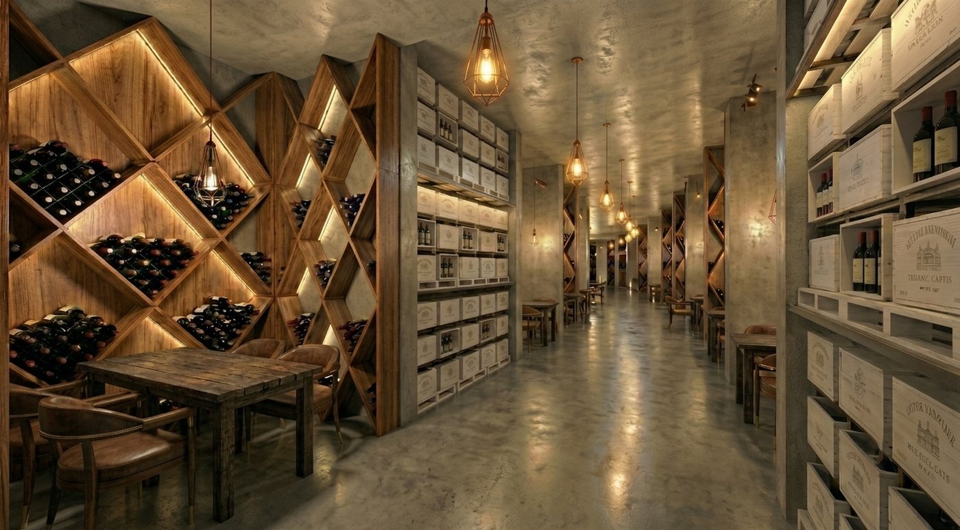 Propuesta Cava Casa Antonio — corredor con racks en diamante
